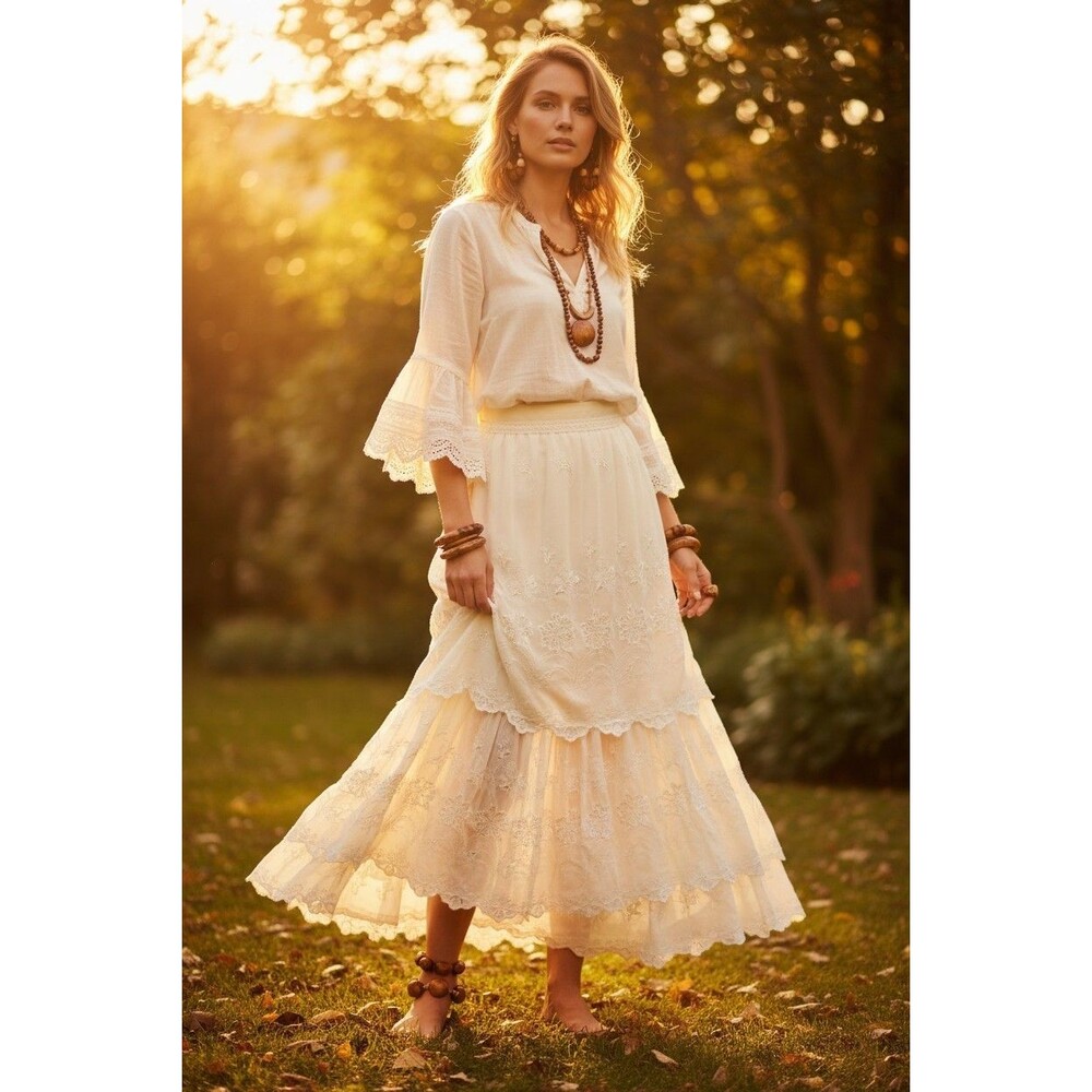 Handmade Vintage Y2K Prairie Tiered Embroidered Maxi Skirt Cream Cottage Theater